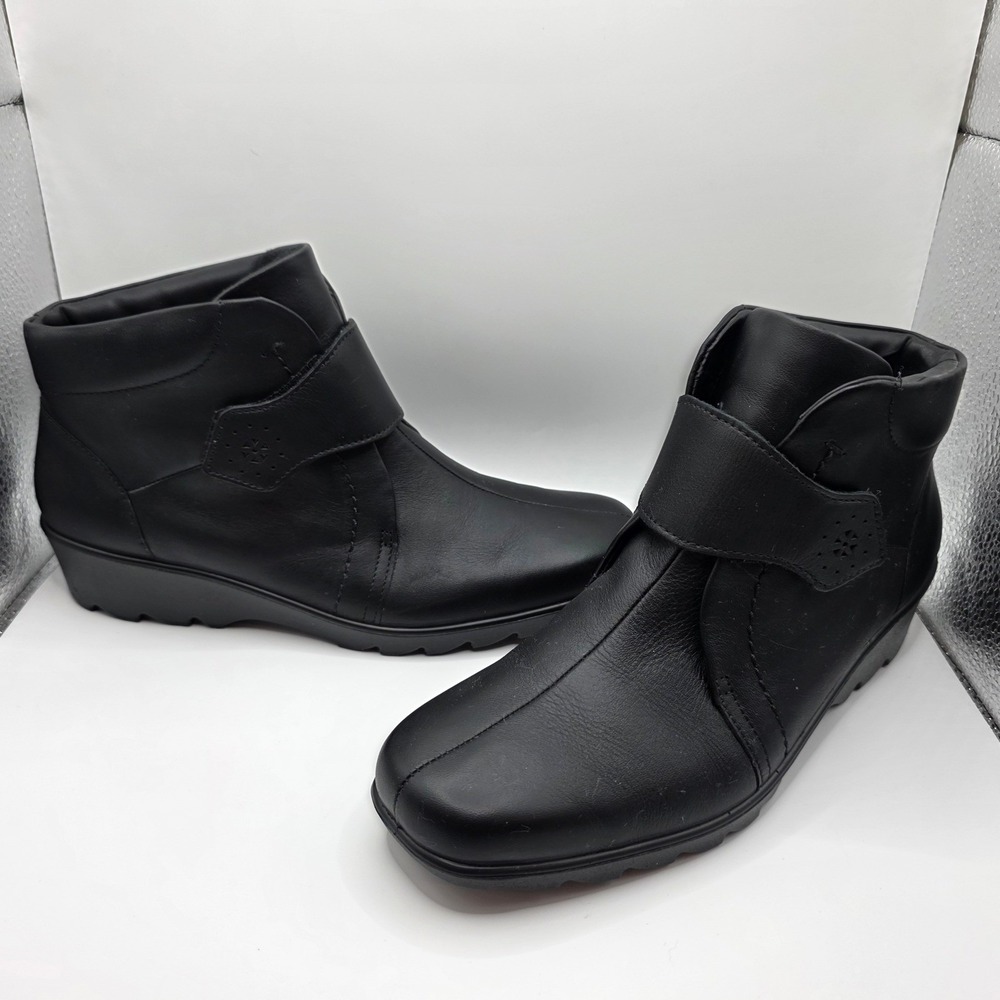 Hotter Black Leather Ankle Boots Made in England Wedge Hook Loop Strap Women 8.5